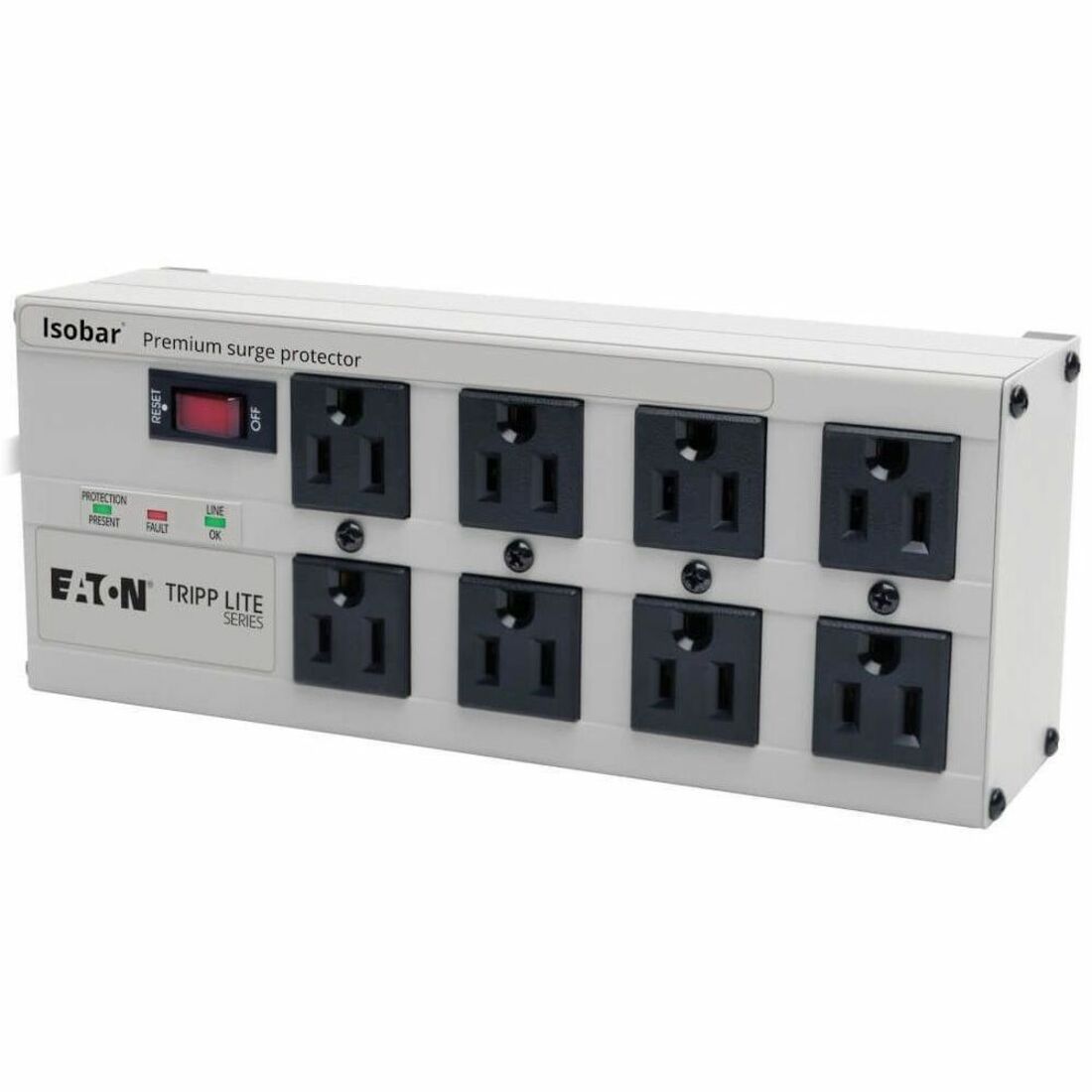 Eaton Tripp Lite Series Isobar 8-Outlet Surge Protector, 12 ft. Cord with Right-Angle Plug, 3840 Joules, Diagnostic LEDs, Tel/Fax/Modem, Metal - ISOTEL8ULTRA