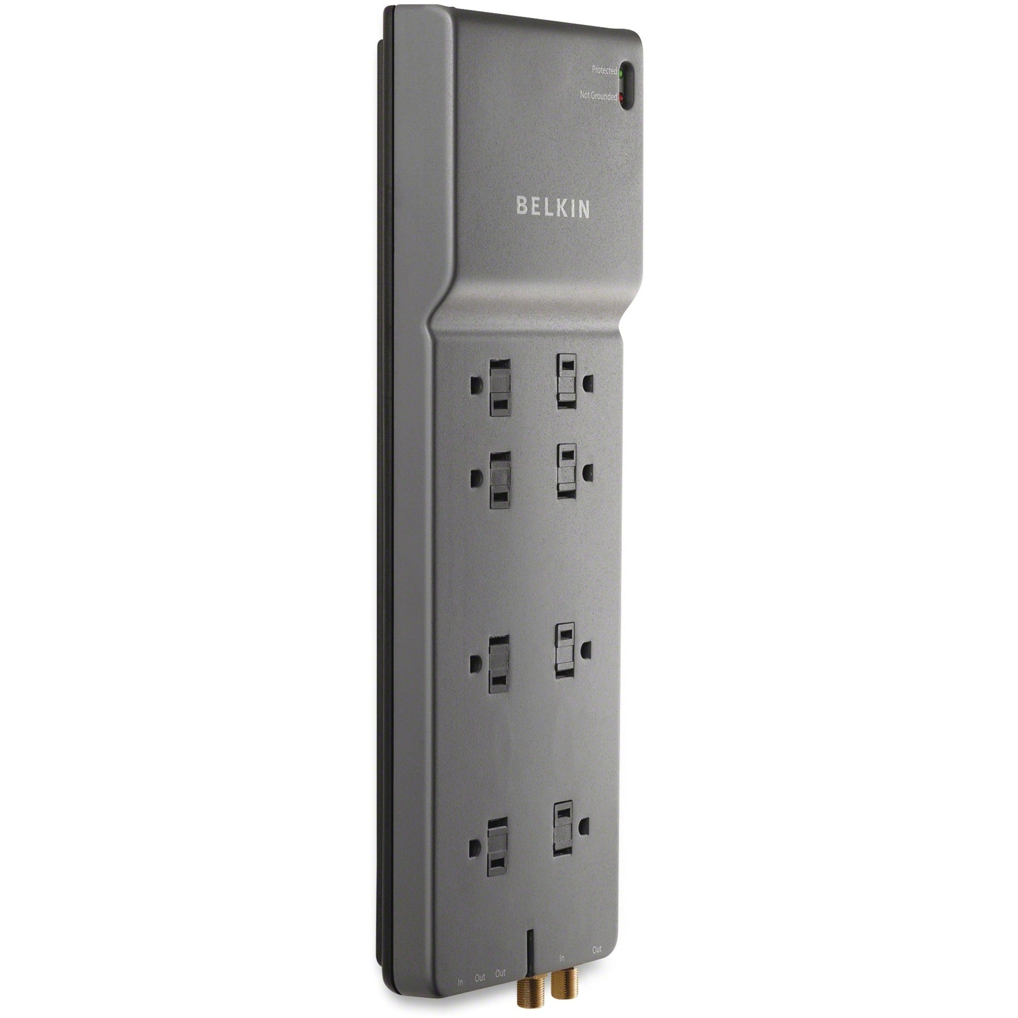 Belkin 8-Outlet Surge Protector - 12ft Cord - Right Angle Plug - 3550J - Telephone, Coaxial Protection - Grey - BE108230-12