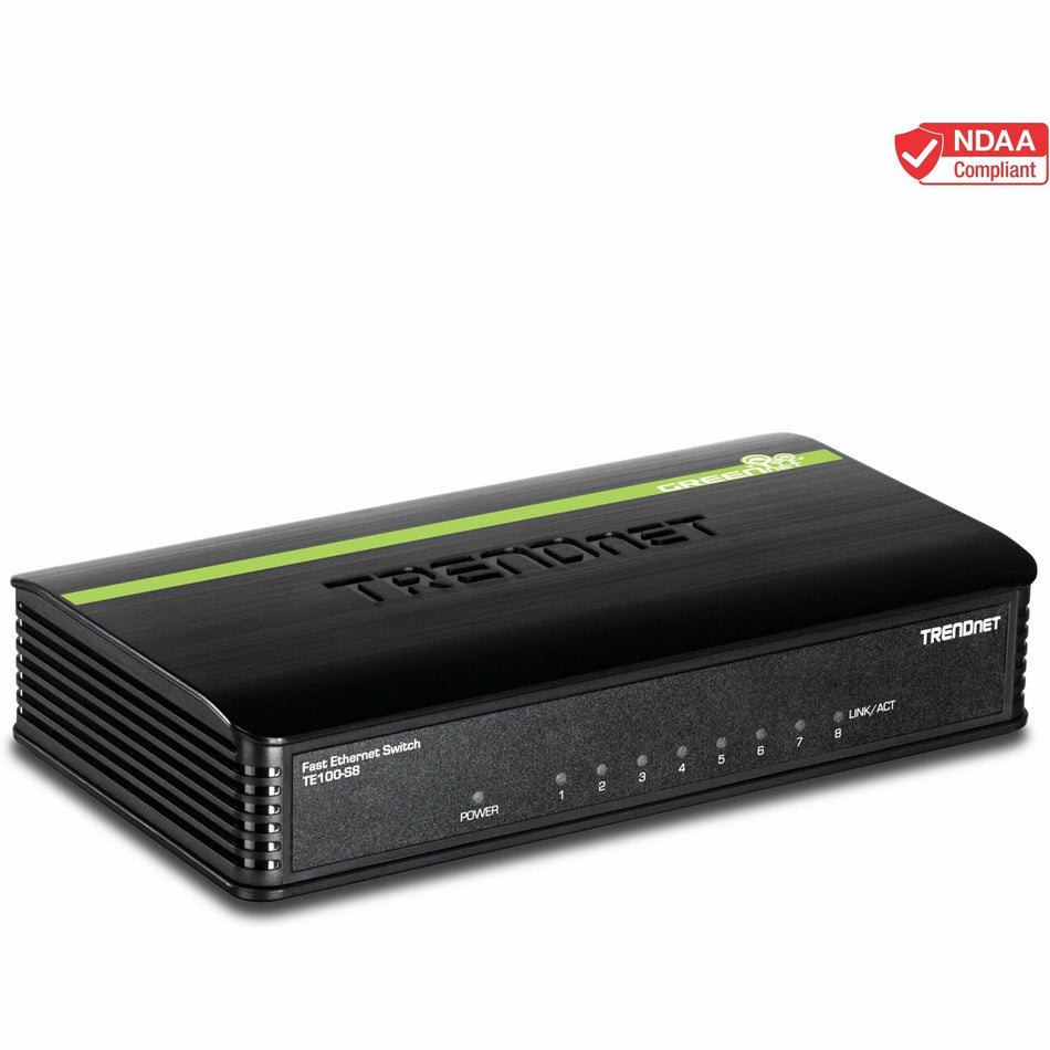 TRENDnet 8-Port Unmanaged 10/100 Mbps GREENnet Ethernet Desktop Switch; TE100-S8; 8 x 10/100 Mbps Ethernet Ports; 1.6 Gbps Switching Capacity; Plastic Housing; Network Ethernet Switch; Plug & Play - TE100-S8