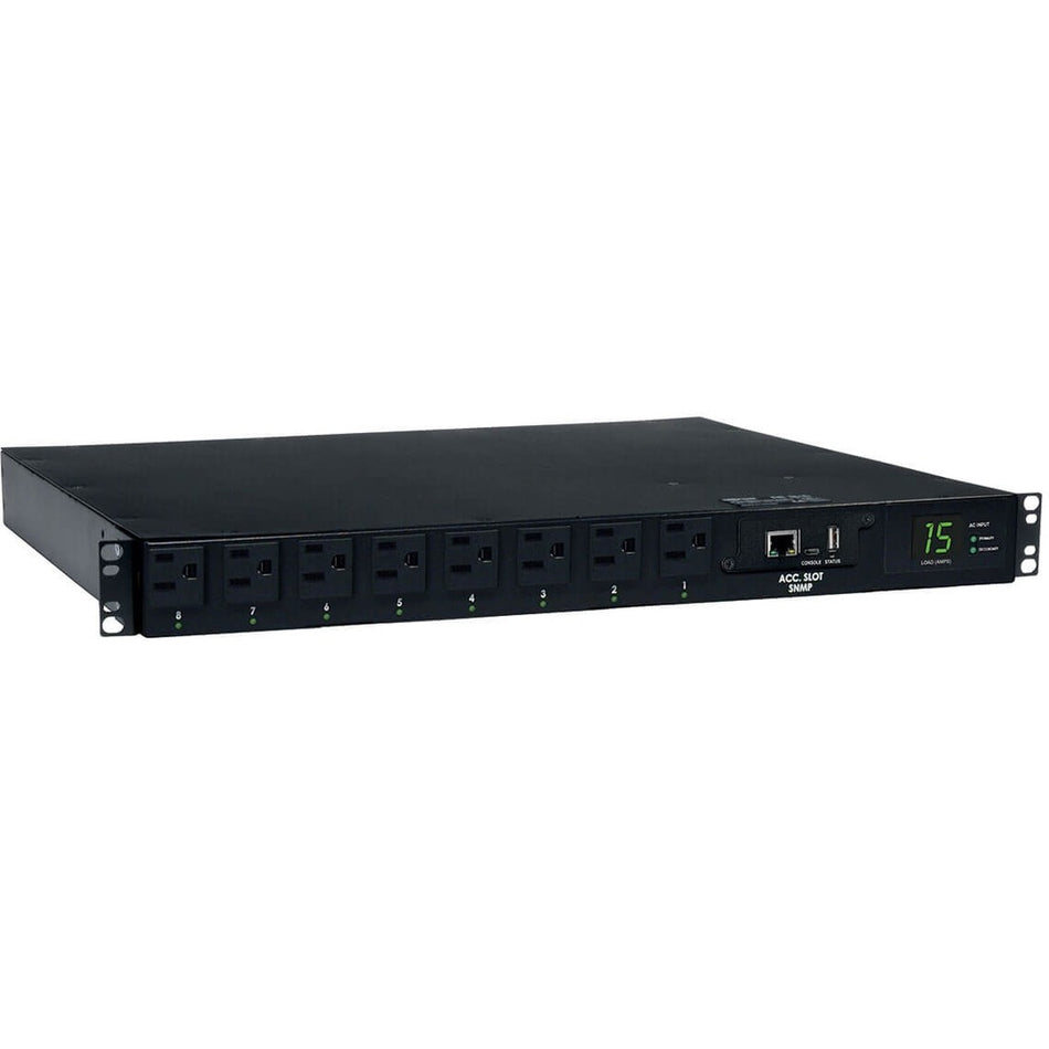 Tripp Lite by Eaton 1.4kW Single-Phase Switched Automatic Transfer Switch PDU, 2 120V 5-15P 15A Inputs, 8 5-15R Outputs, 1U, TAA - PDUMH15ATNET