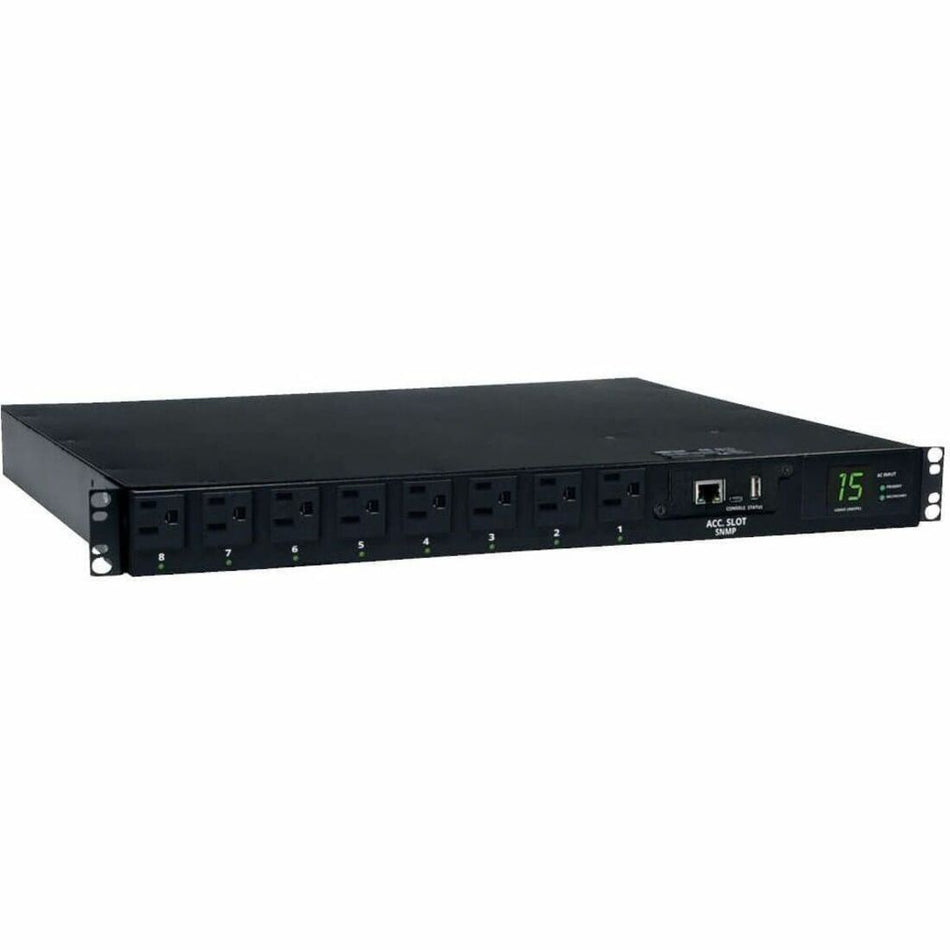 Eaton Tripp Lite Series 1.4kW Single-Phase Switched Automatic Transfer Switch PDU, 2 120V 5-15P 15A Inputs, 8 5-15R Outputs, 1U, TAA - PDUMH15ATNET