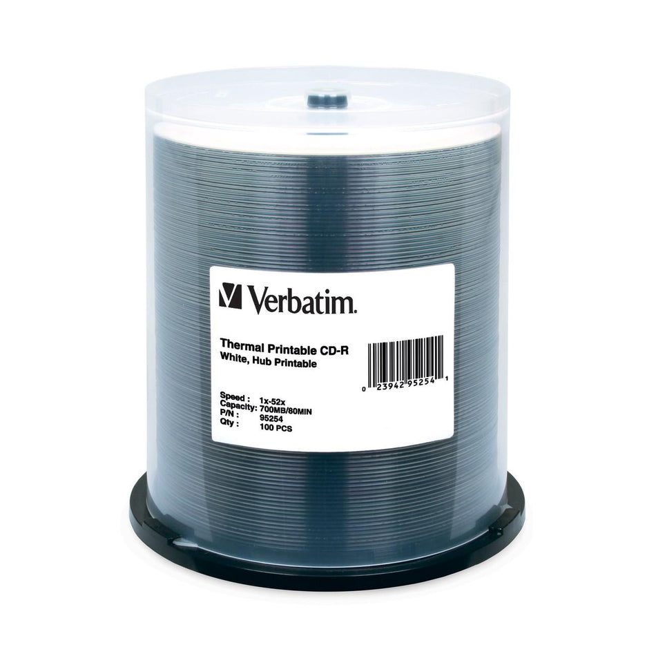 Verbatim CD-R 700MB 52X White Thermal Printable, Hub Printable - 100pk Spindle - 95254