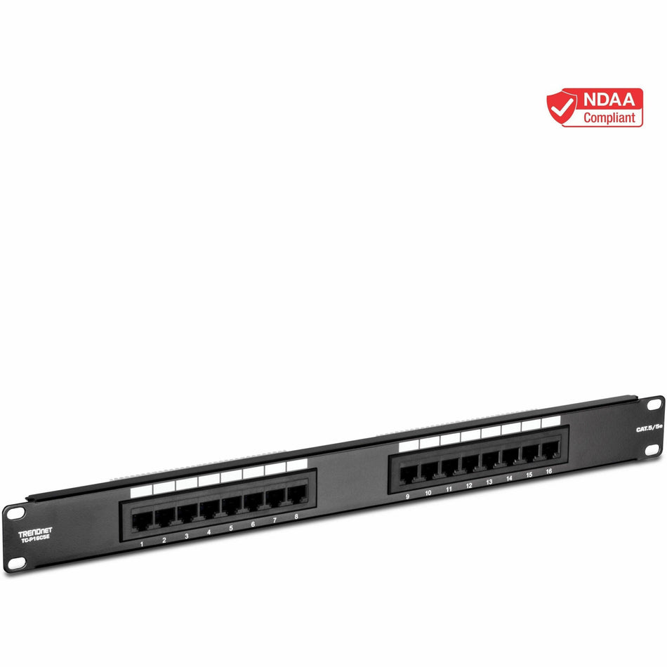 TRENDnet 16-Port Cat5/5e Unshielded Patch Panel, TC-P16C5E, Wallmount or Rackmount, 1U 19" , 100Mhz Connection, Ethernet/Fast Ethernet/Gigabit Ethernet (1000Base-T), Cat3/Cat4/Cat5 Compatible - TC-P16C5E