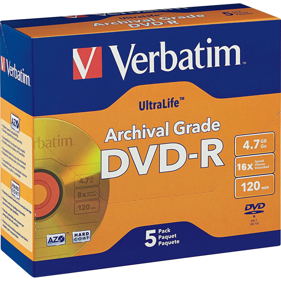 Verbatim DVD-R 4.7GB 16X UltraLife Gold Archival Grade with Branded Surface and Hard Coat - 5pk Jewel Case - 96320
