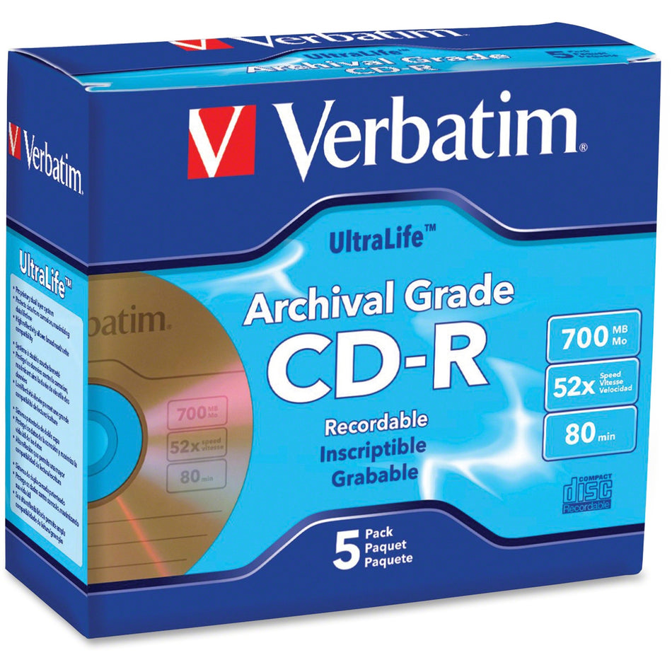 Verbatim CD-R 700MB 52X UltraLife Gold Archival Grade with Branded Surface and Hard Coat - 5pk Jewel Case - 96319