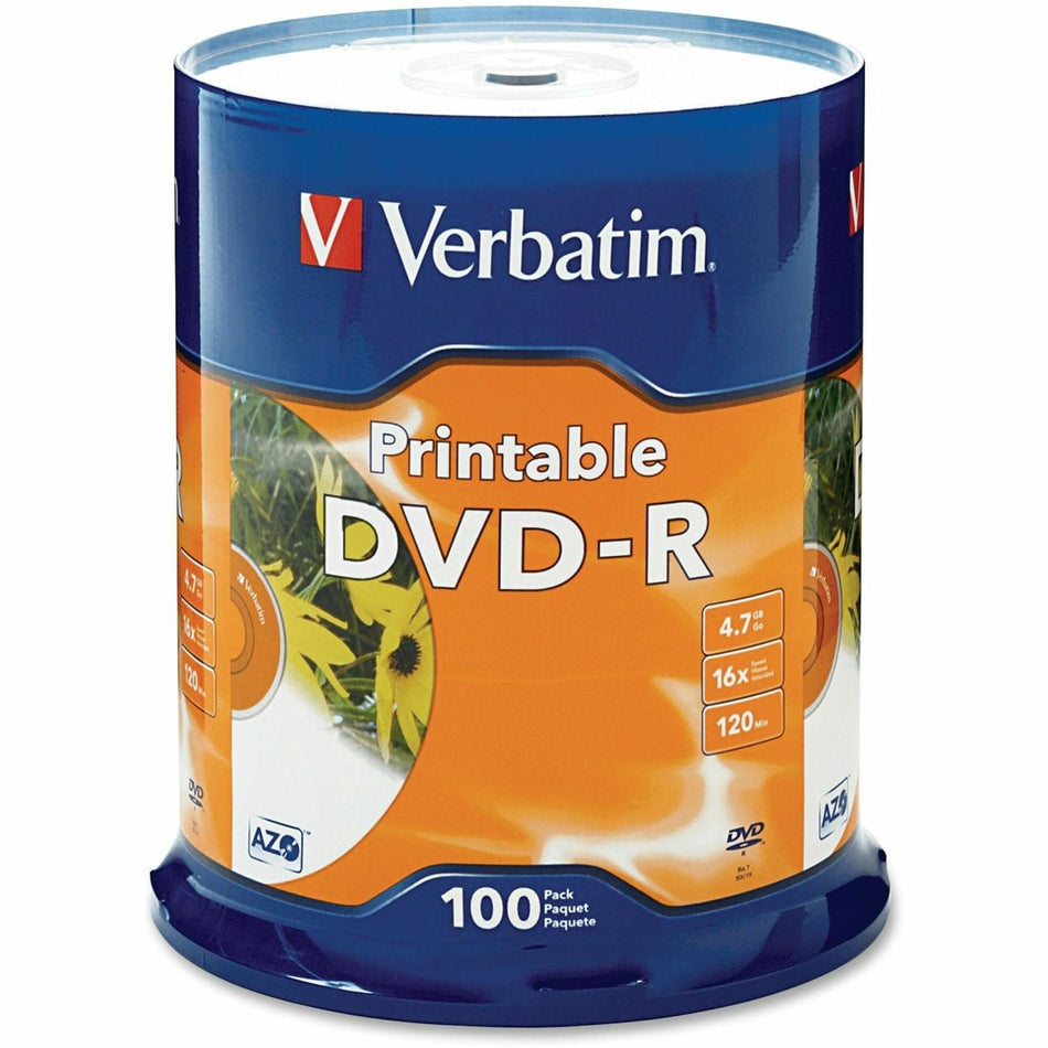 Verbatim DVD Recordable Media - DVD-R - 16x - 4.70 GB - 100 Pack - White - 95153