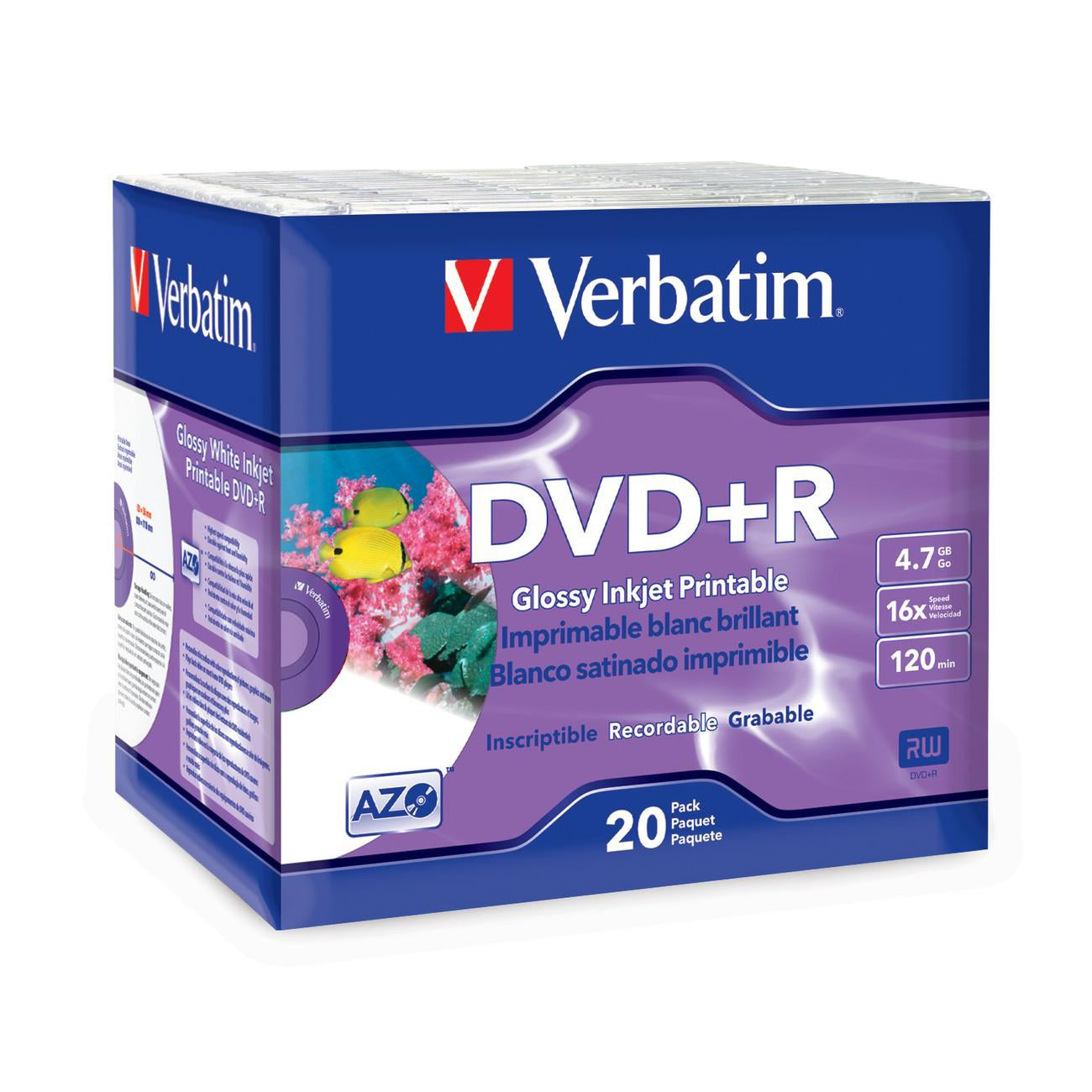 Verbatim DVD+R 4.7GB 16X White Glossy Inkjet Printable with Branded Hub - 20pk Slim Case - 96122