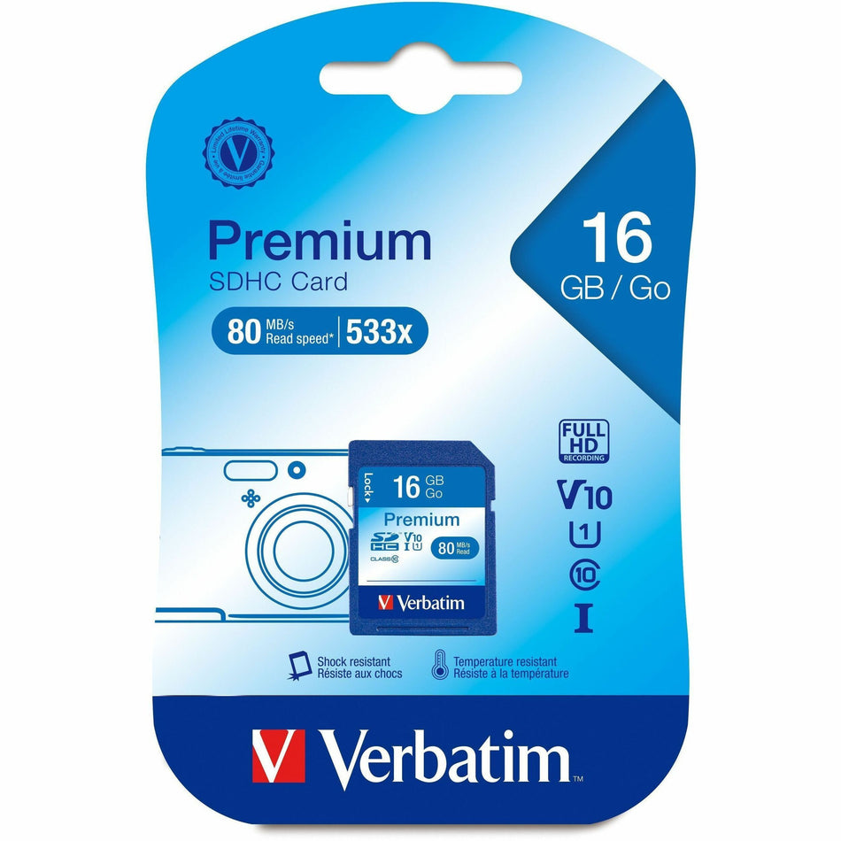 Verbatim 16GB Premium SDHC Memory Card, UHS-I Class 10 - 96808