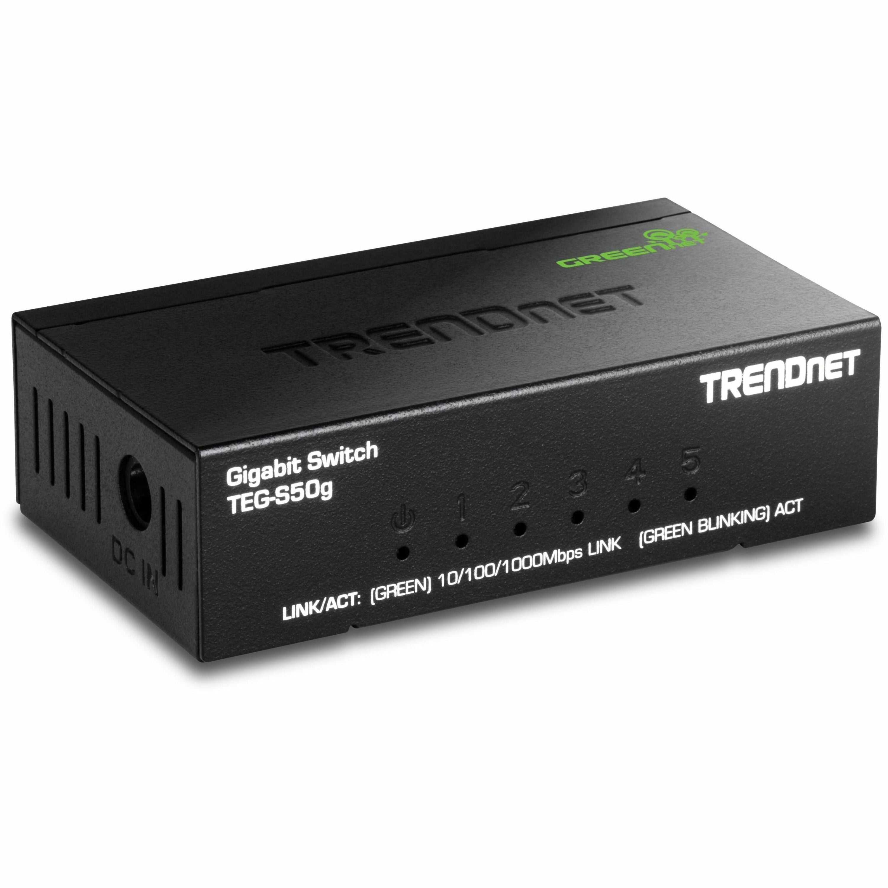 TRENDnet 5-Port Mini Gigabit Switch, TEG-S50g, GREENnet Technology, NDAA + TAA Compliant, Desktop Metal Ethernet Network Switch, 5 x Gigabit Ports, Fanless, Lifetime Protection, Black - TEG-S50G