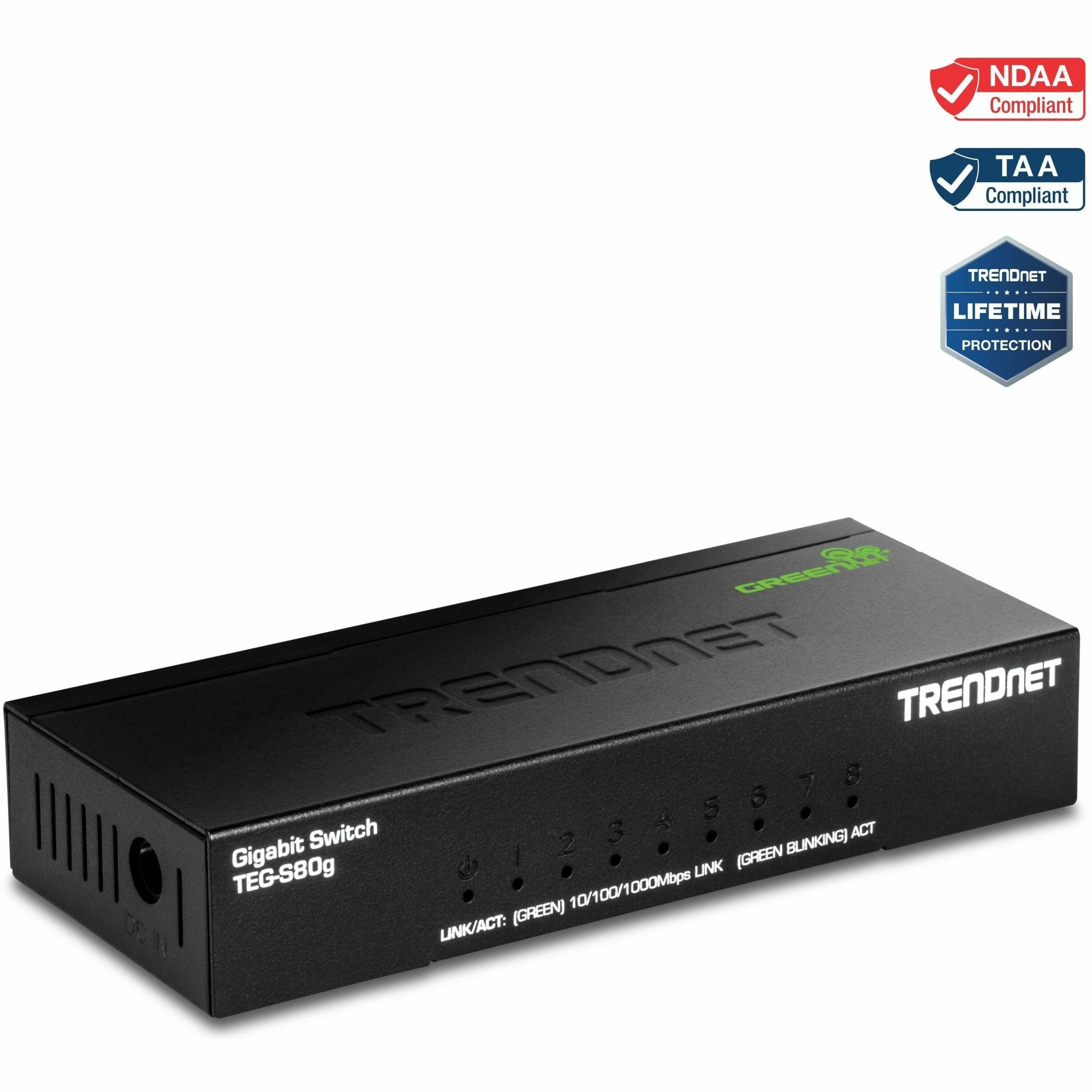 TRENDnet 8-Port Mini Gigabit Switch, TEG-S80g, GREENnet Technology, NDAA + TAA Compliant, Desktop Metal Ethernet Network Switch, 8 x Gigabit Ports, Fanless, Lifetime Protection, Black - TEG-S80G