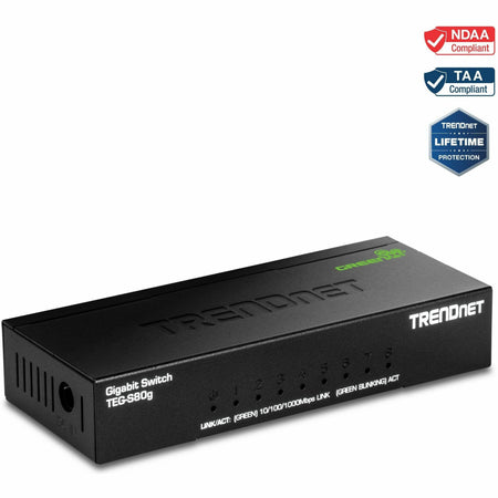 TRENDnet 8-Port Mini Gigabit Switch, TEG-S80g, GREENnet Technology, NDAA + TAA Compliant, Desktop Metal Ethernet Network Switch, 8 x Gigabit Ports, Fanless, Lifetime Protection, Black - TEG-S80G