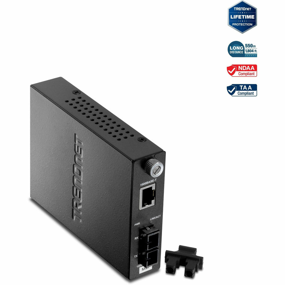TRENDnet Intelligent 1000Base-T to 1000Base-SX Multi-Mode SC Fiber Media Converter, Up to 550M (1800 ft), Fiber to Ethernet Converter, 2Gbps Switching Capacity, Lifetime Protection, Black, TFC-1000MSC - TFC-1000MSC
