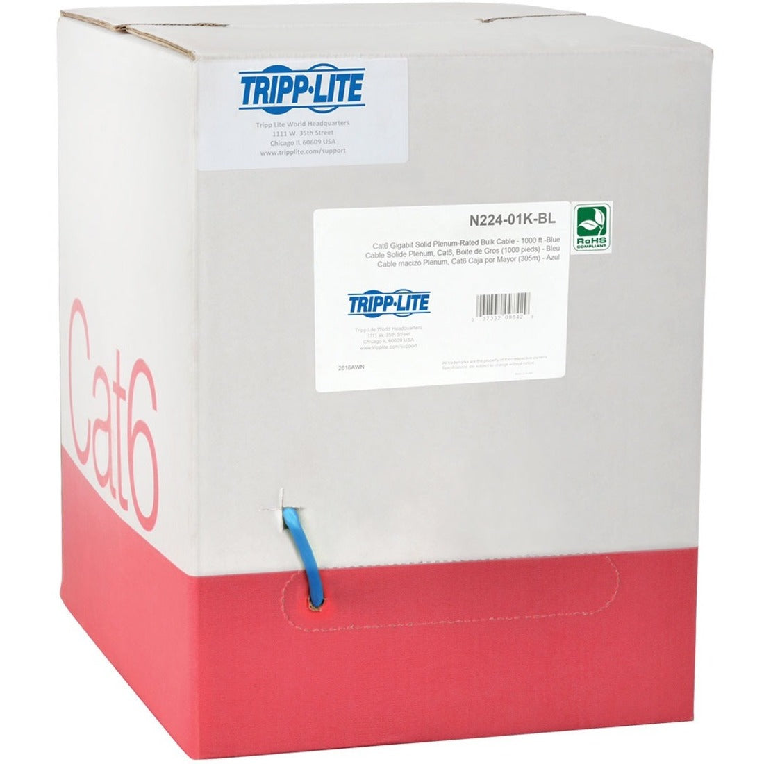 Tripp Lite by Eaton Cat6 Gigabit Solid Core Plenum-Rated UTP CMP PVC Bulk Ethernet Cable Blue 1000 ft. (304.8 m) - N224-01K-BL