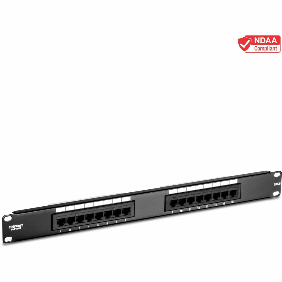 TRENDnet 16-Port Cat6 Unshielded Patch Panel, Wallmount Or Rackmount, 1U 19" , Cat3,Cat4,Cat5,Cat5e,Cat6 Compatible, 250Mhz Connection, Ideal For Copper Gigabit Ethernet Connections, Black, TC-P16C6 - TC-P16C6