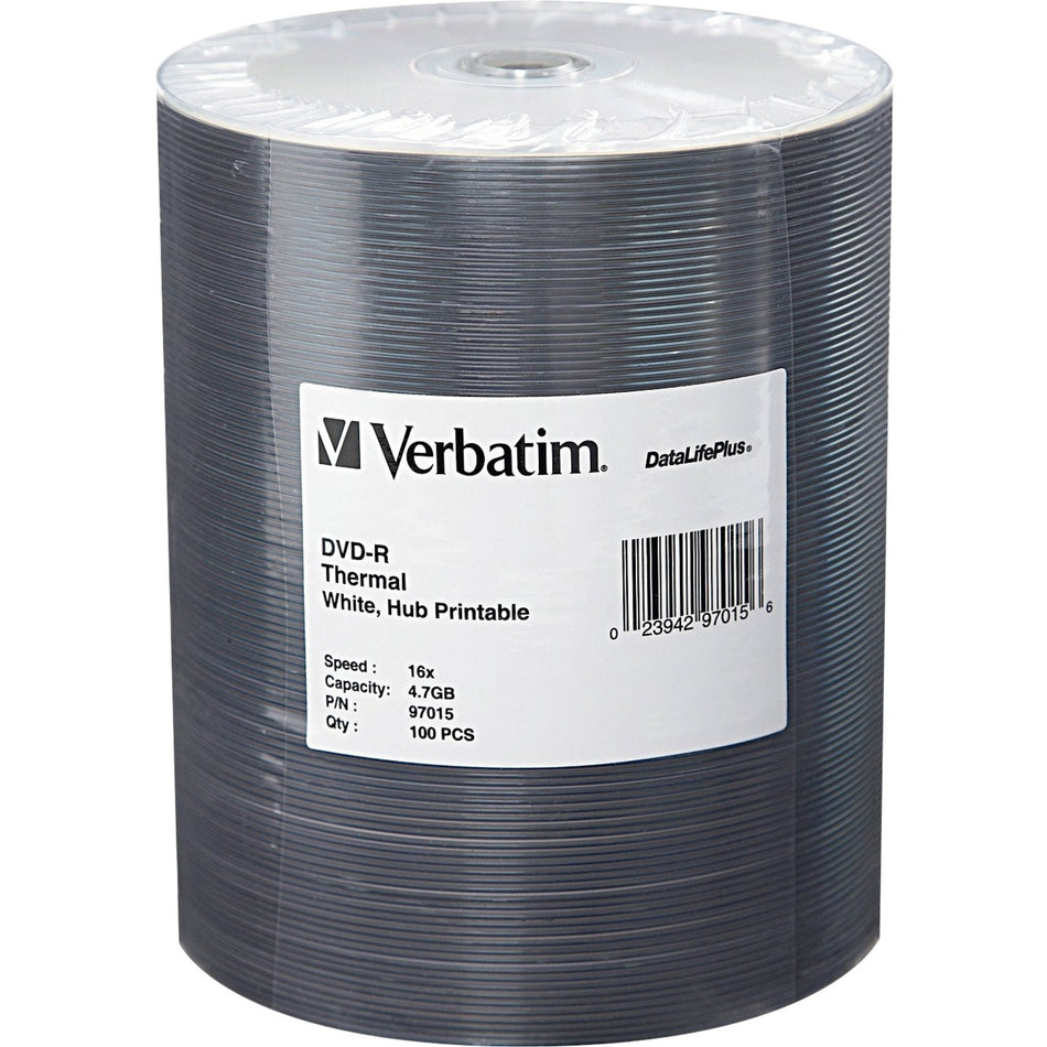 Verbatim DVD-R 4.7GB 16X DataLifePlus White Thermal Printable, Hub Printable - 100Pk Tape Wrap - 97015