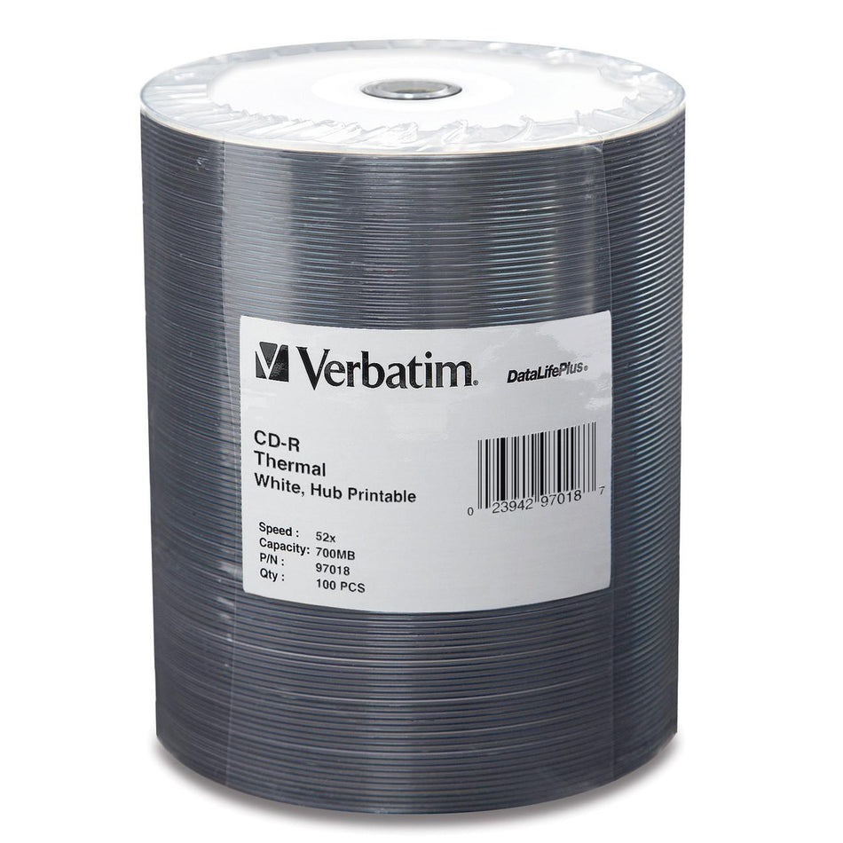 Verbatim CD-R 700MB 52X DataLifePlus White Thermal Printable, Hub Printable - 100pk Tape Wrap - 97018