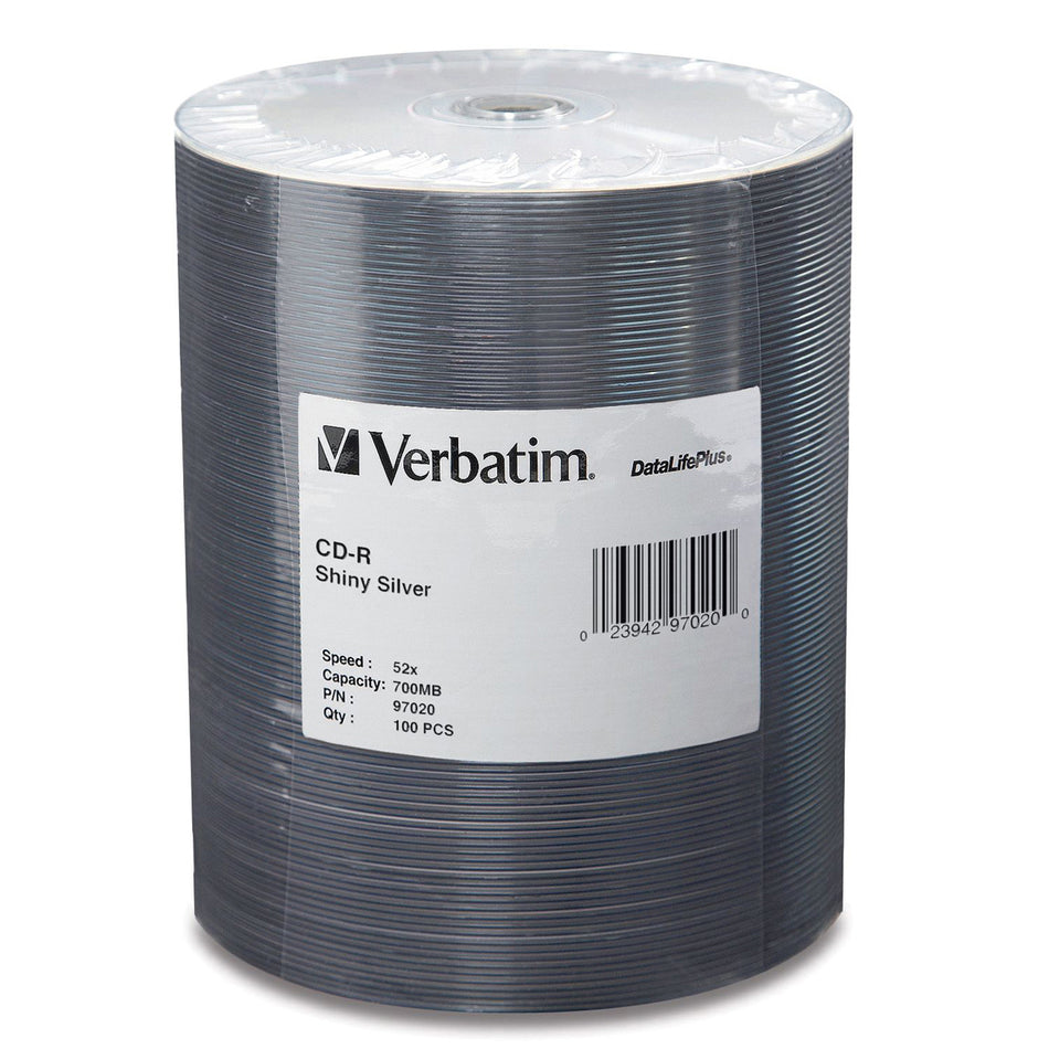 Verbatim CD-R 700MB 52X DataLifePlus Shiny Silver Silk Screen Printable - 100pk Tape Wrap - 97020