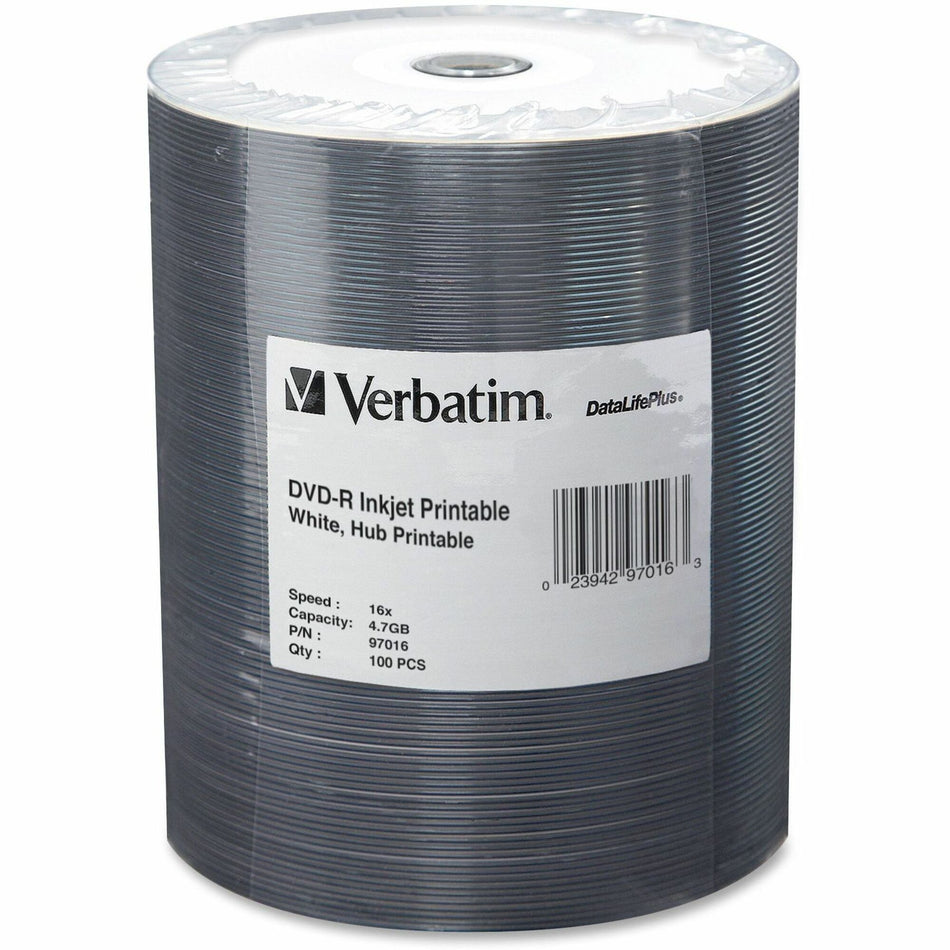 Verbatim 97016 DVD Recordable Media - DVD-R - 16x - 4.70 GB - 100 Pack Wrap - White - 97016