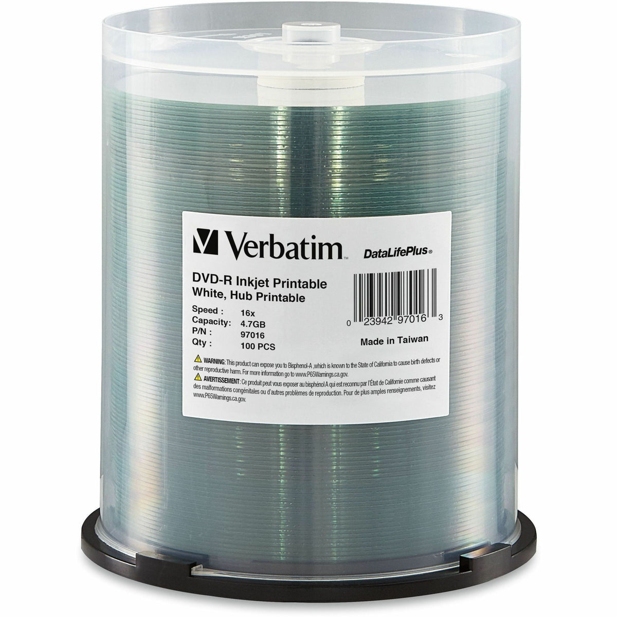 Verbatim 97016 DVD Recordable Media - DVD-R - 16x - 4.70 GB - 100 / Pack - White - 97016