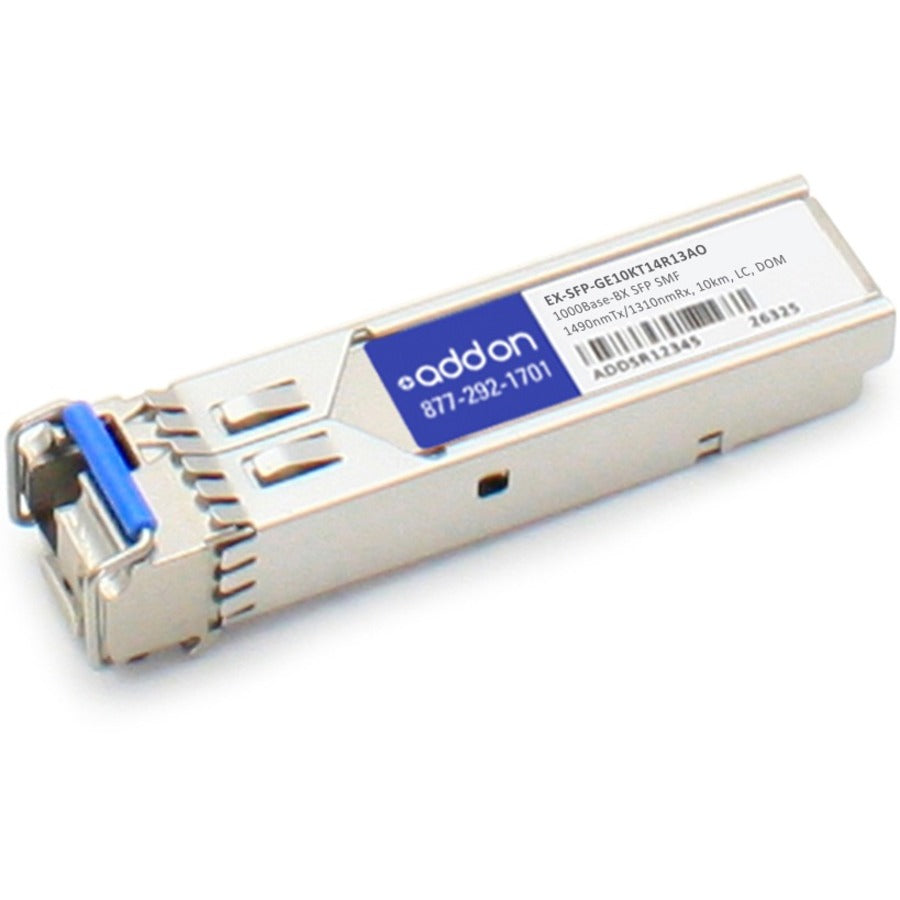 AddOn Juniper Networks EX-SFP-GE10KT14R13 Compatible TAA Compliant 1000Base-BX SFP Transceiver (SMF, 1490nmTx/1310nmRx, 10km, LC, DOM) - EX-SFP-GE10KT14R13AO