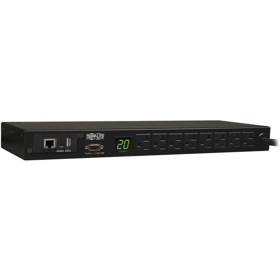 Tripp Lite by Eaton 1.9kW Single-Phase Monitored PDU, 120V Outlets (8 5-15/20R), L5-20P/5-20P Adapter, 12 ft. (3.66 m) Cord, 1U Rack-Mount, LX Platform Interface, TAA - PDUMNH20