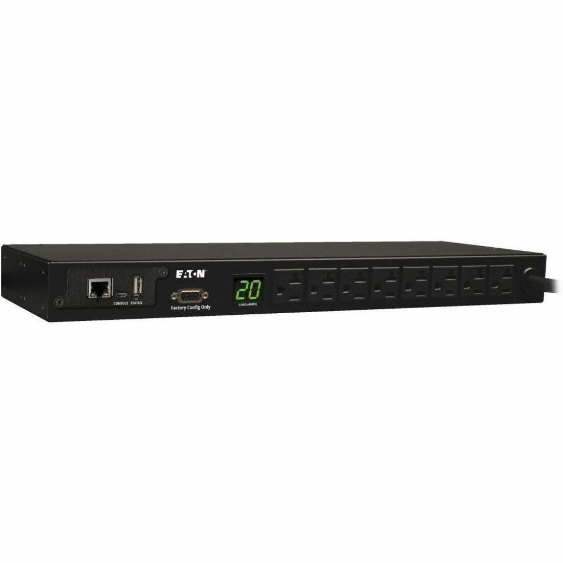Eaton 1.9kW Single-Phase Monitored PDU, 120V Outlets (8 5-15/20R), L5-20P/5-20P Adapter, 12 ft. (3.66 m) Cord, 1U Rack-Mount, LX Platform Interface, TAA - PDUMNH20