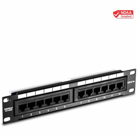 TRENDnet 12-Port Cat5/5e Unshielded Patch Panel, TC-P12C5E, Wallmount or Rackmount, 10 Inch Wide, 12 x Gigabit RJ-45 Ethernet Ports, 100 Mhz Connection, Color Coded Labeling, 110 IDC Terminal Blocks - TC-P12C5E