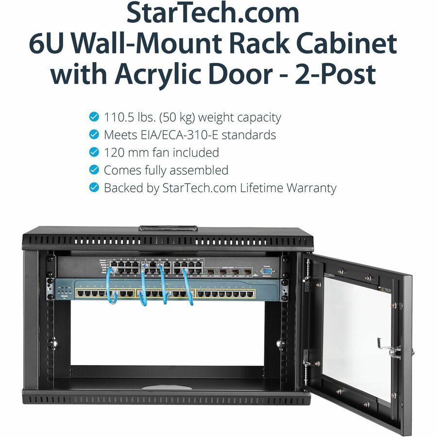 StarTech.com 2-Post 6U Wall Mount Network Cabinet w/ Acrylic Door, 19" Small Wall-Mounted Server Rack for Data / Computer Equipment, TAA - RK619WALL