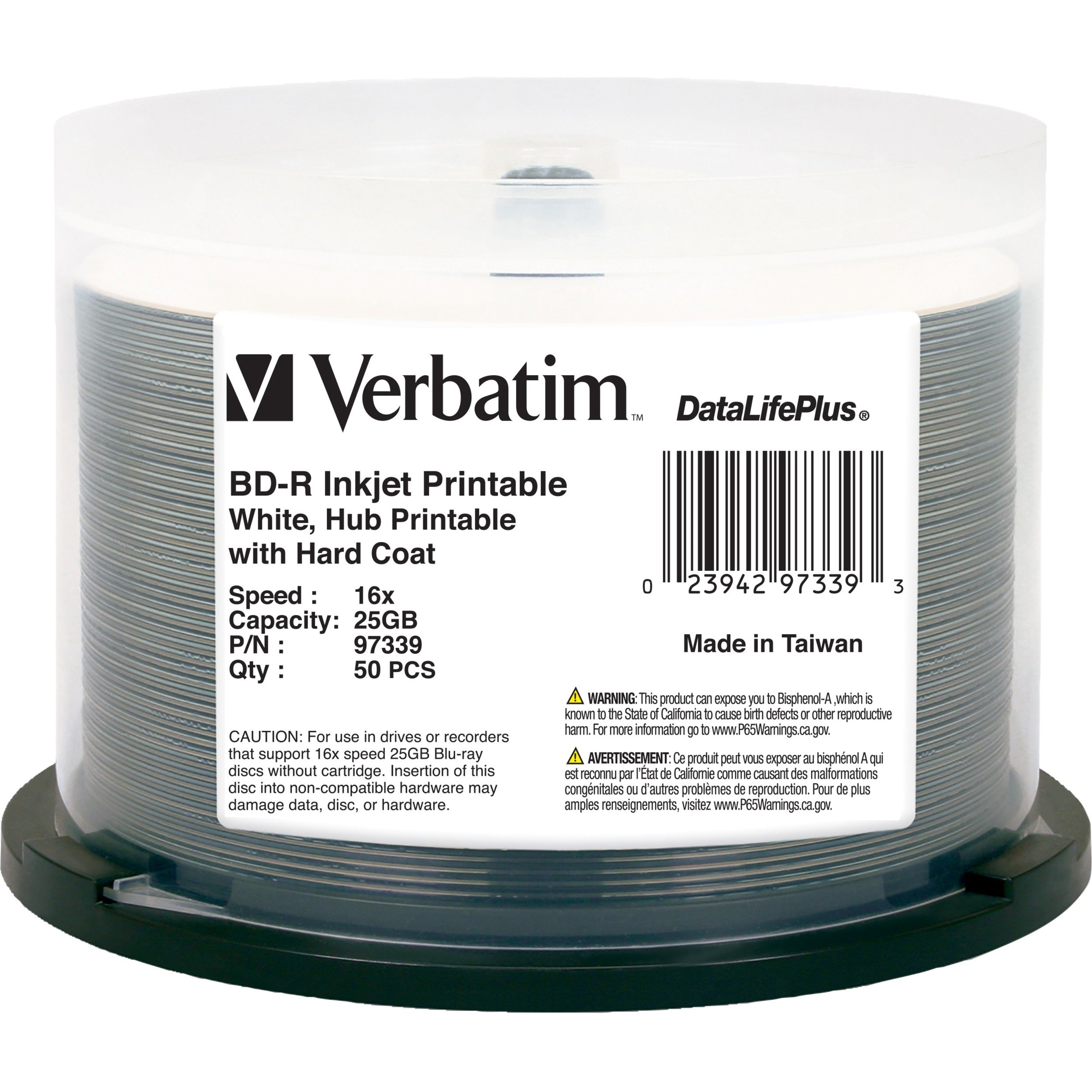 BD-R 25GB 16X DataLifePlus White Inkjet Printable, Hub Printable - 50pk Spindle - 97339