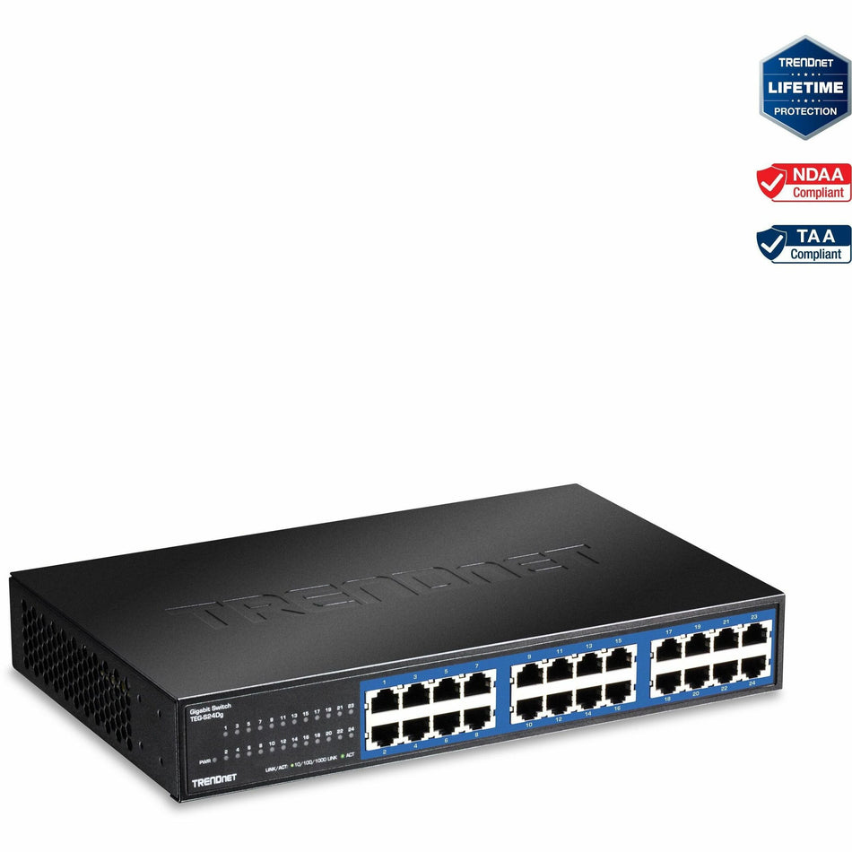 TRENDnet 24-Port Unmanaged Gigabit GREENnet Desktop Switch, Ethernet Network Switch, 24 x 10-100-1000 Gigabit Ethernet RJ-45 Ports, 48Gbps Switching Capacity, Lifetime Protection, Black, TEG-S24DG - TEG-S24DG