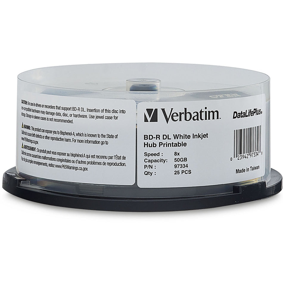Verbatim BD-R DL 50GB 8X, White Label, DataLife+, White InkJet Hub Printable, 25PK Spindle - 97334