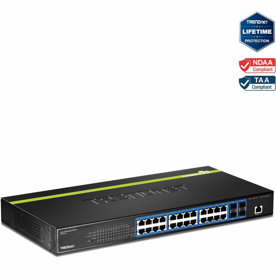 TRENDnet 24-Port Gigabit Layer 2 Switch with 4 Shared Mini-GBIC Slots; 48 Gbps Switching Capacity; SNMP; Lifetime Protection; TL2-G244 - TL2-G244
