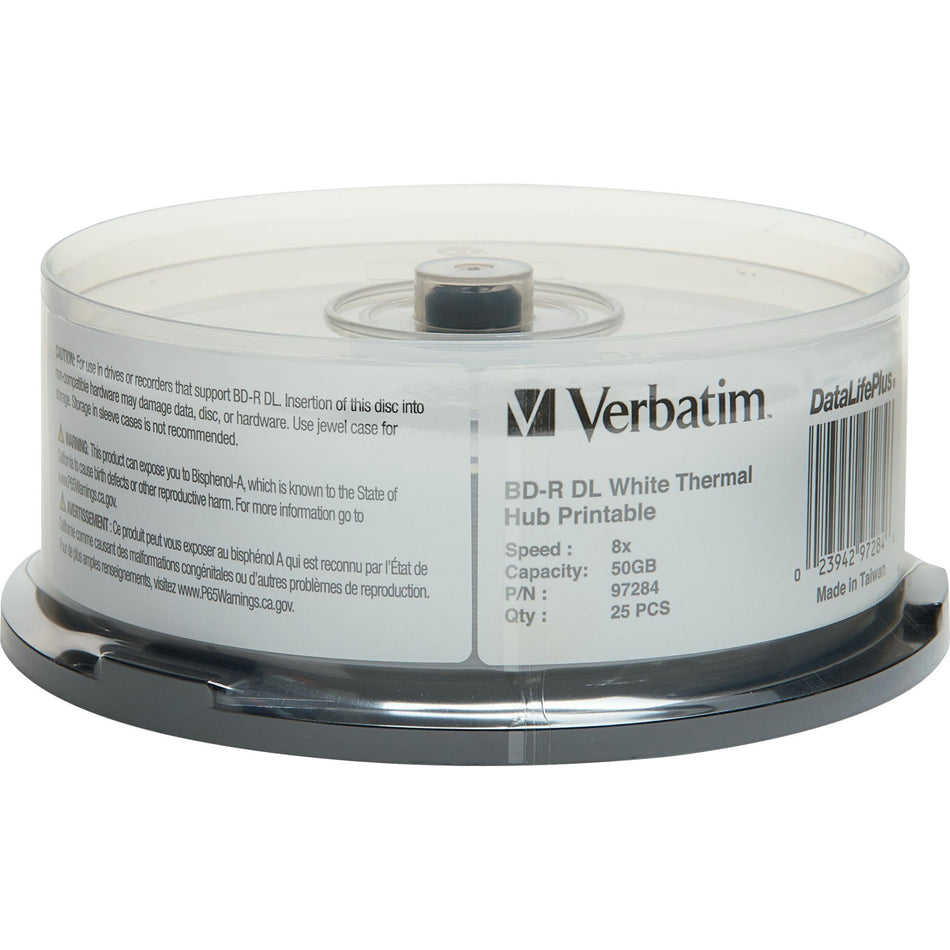 Verbatim BD-R DL 50GB 8X, White Label, DataLife+, White Thermal Hub Printable, Hard Coat, 25PK Spindle - 97284