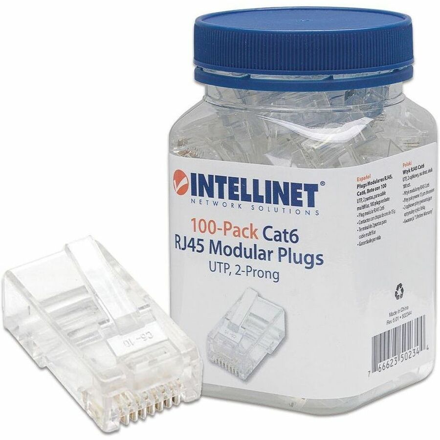Intellinet Network Solutions Cat6 RJ45 Modular Plugs, 2-Prong, UTP, For Stranded Wire, 100 Plugs in Jar - 502344