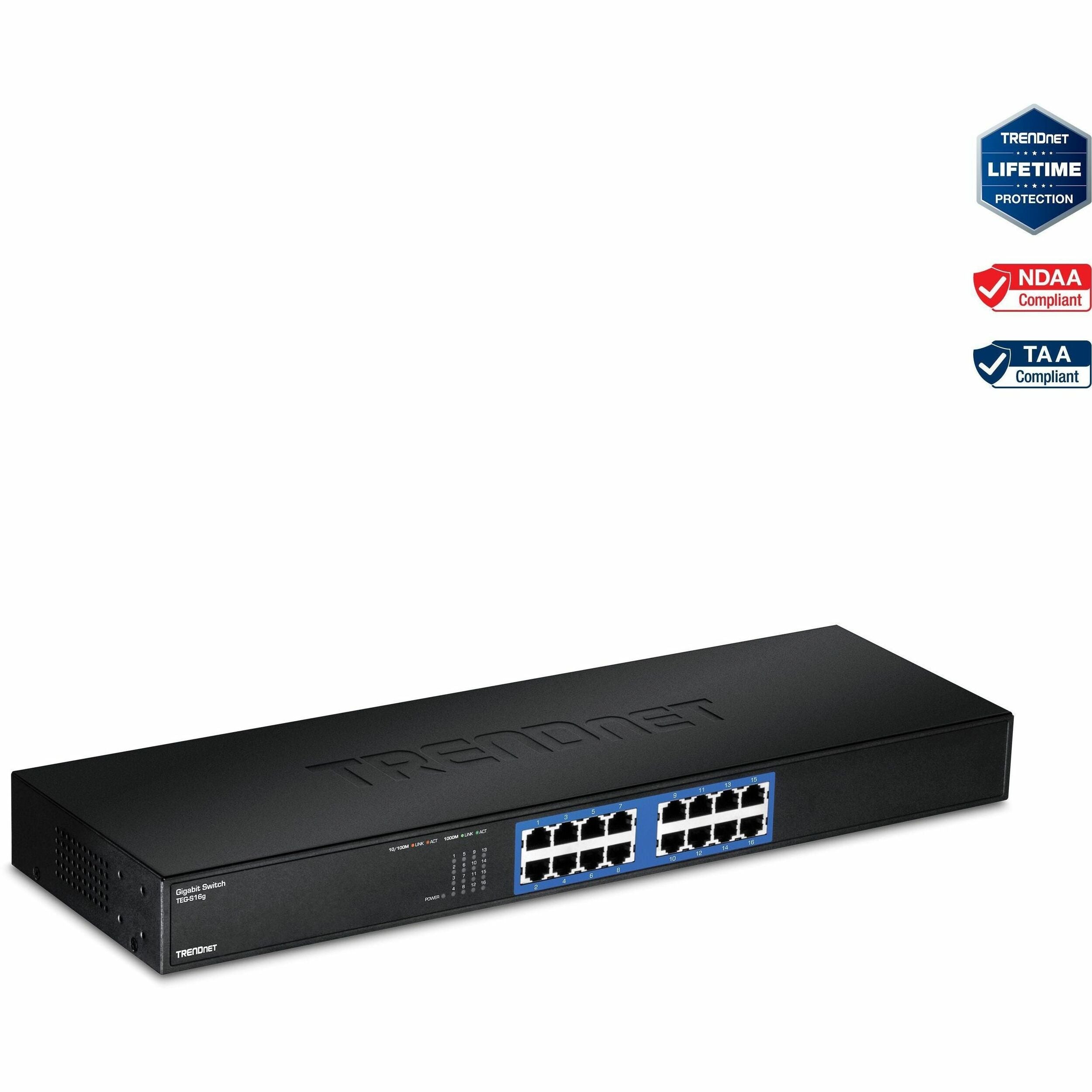 TRENDnet 16-Port Unmanaged Gigabit GREENnet Switch, 16 x RJ-45 Ports, 32Gbps Switching Capacity, Fanless, Rack Mountable, Network Ethernet Switch, Lifetime Protection, Black, TEG-S16G - TEG-S16g