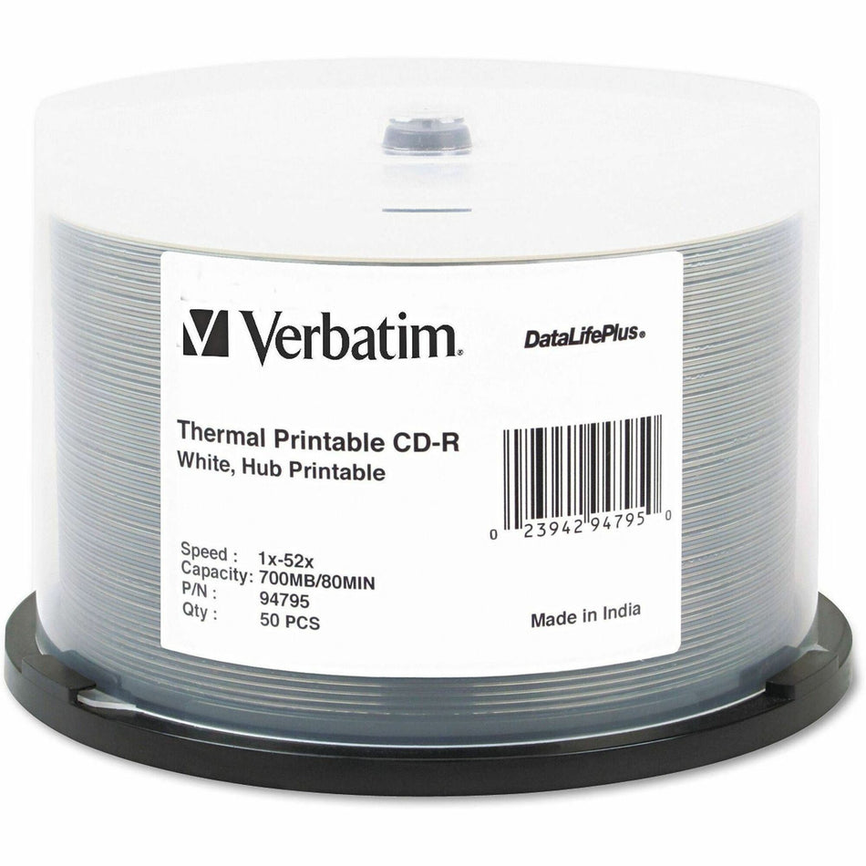 Verbatim CD-R 700MB 52X DataLifePlus White Inkjet Printable, Hub Printable - 50pk Spindle - 94755