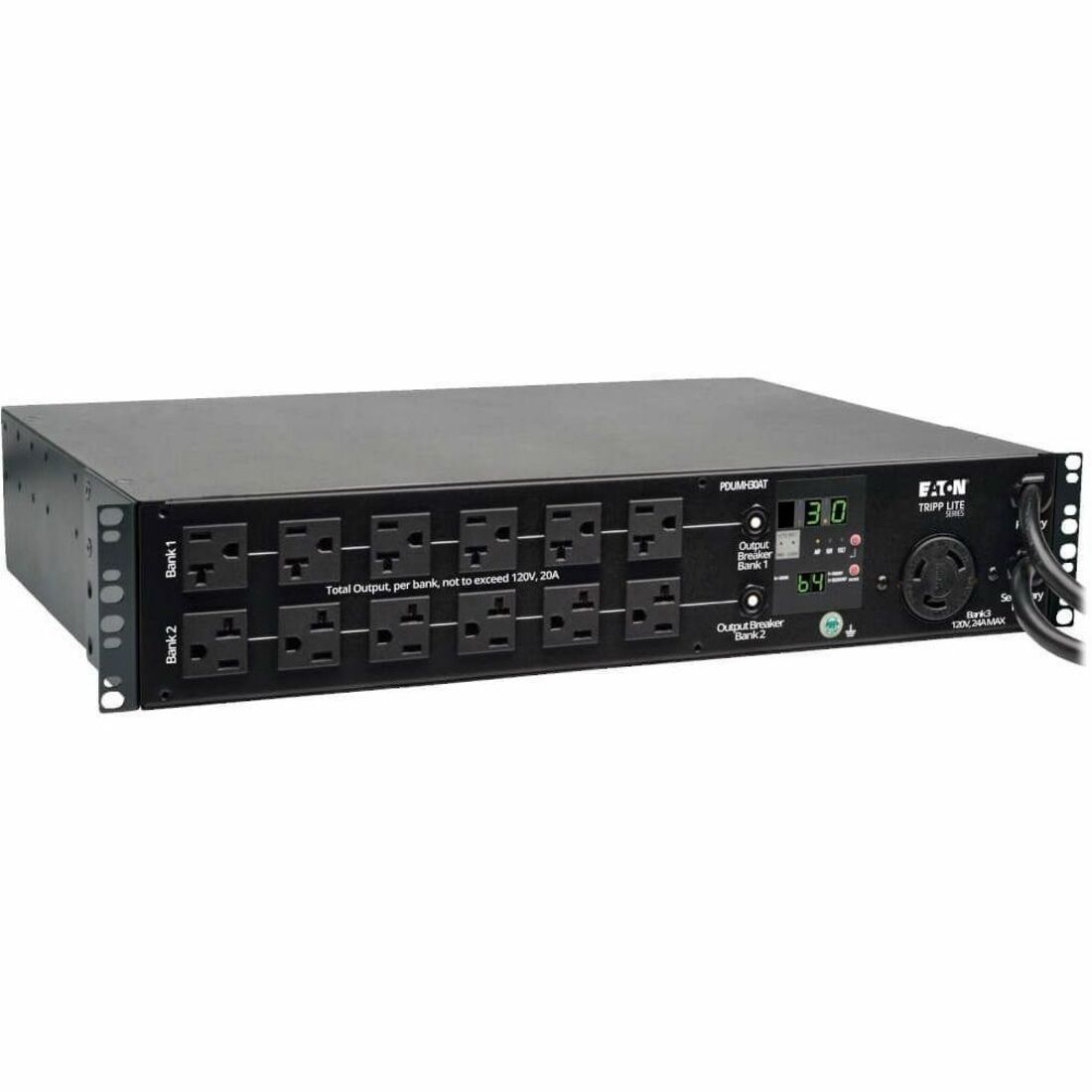 Tripp Lite by Eaton PDU 2.9kW Single-Phase Local Metered Automatic Transfer Switch PDU 2 120V L5-30P Inputs 24 5-15/20R & 1 L5-30R Outputs 2U TAA - PDUMH30AT