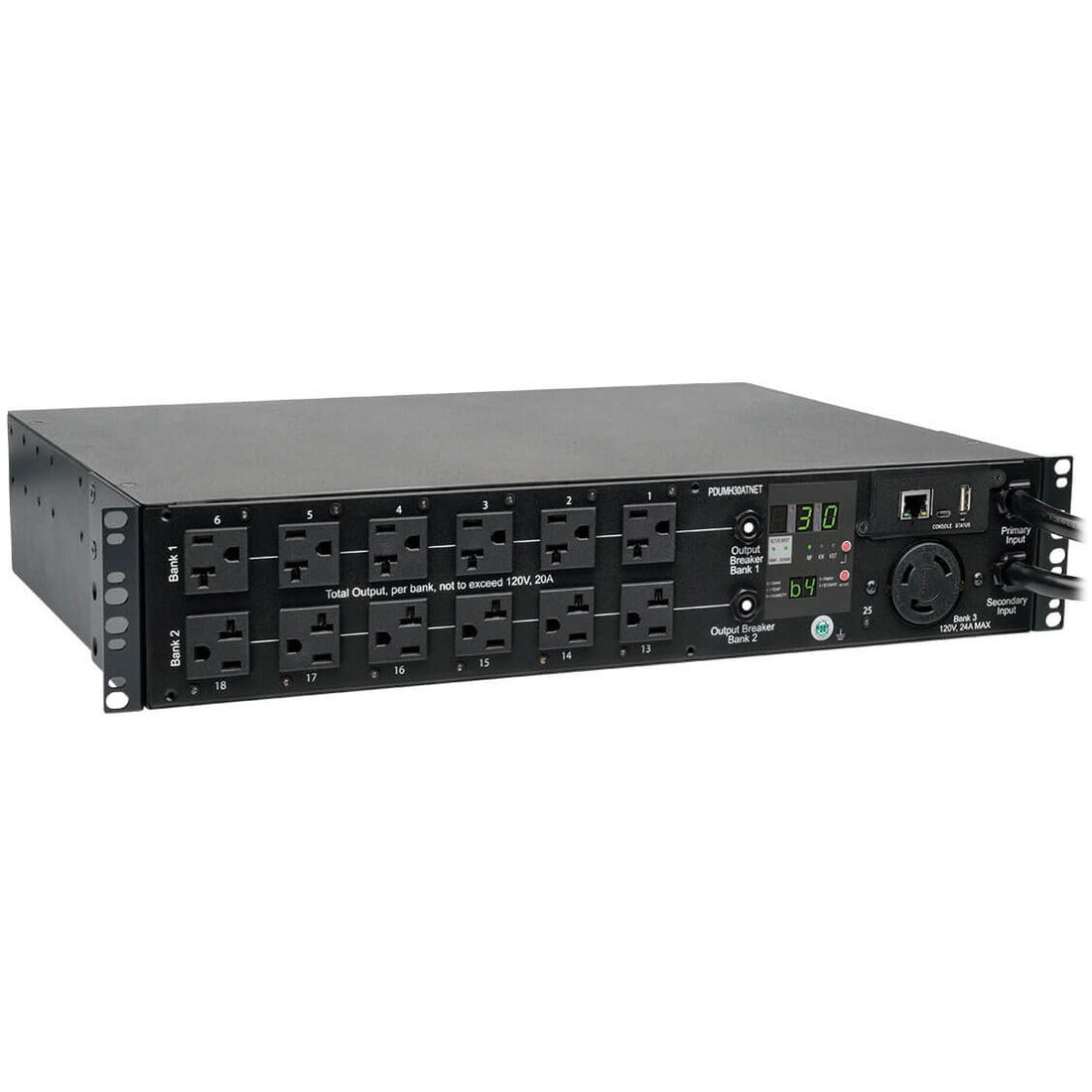 Tripp Lite by Eaton 2.9kW Single-Phase Switched Automatic Transfer Switch PDU, 2 120V L5-30P Inputs, 24 5-15/20R & 1 L5-30R Outputs, 2U, TAA - PDUMH30ATNET