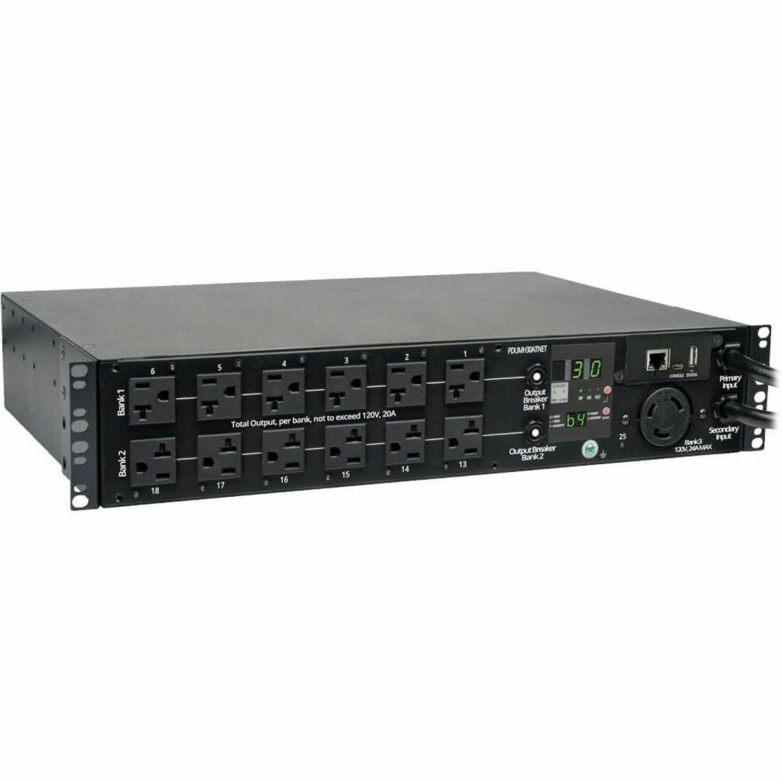 Tripp Lite by Eaton PDU 2.9kW Single-Phase Switched Automatic Transfer Switch PDU 2 120V L5-30P Inputs 24 5-15/20R & 1 L5-30R Outputs 2U TAA - PDUMH30ATNET
