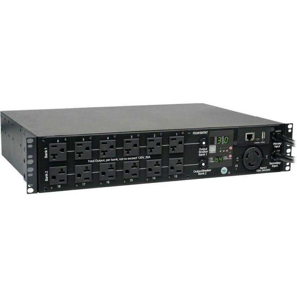 Tripp Lite by Eaton PDU 2.9kW Single-Phase Switched Automatic Transfer Switch PDU 2 120V L5-30P Inputs 24 5-15/20R & 1 L5-30R Outputs 2U TAA - PDUMH30ATNET