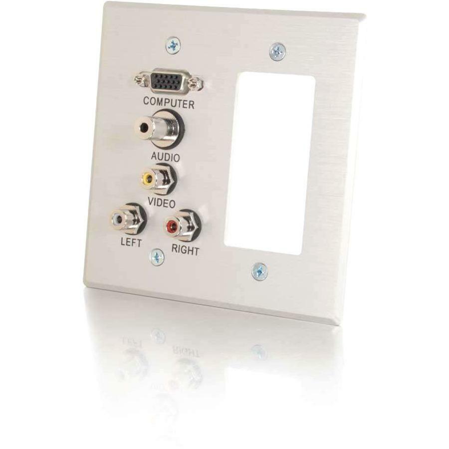 C2G VGA, 3.5mm Audio, Composite Video and RCA Stereo Audio Pass Through Double Gang Wall Plate with One Decorative Style Cutout - Brushed Aluminum - 41027