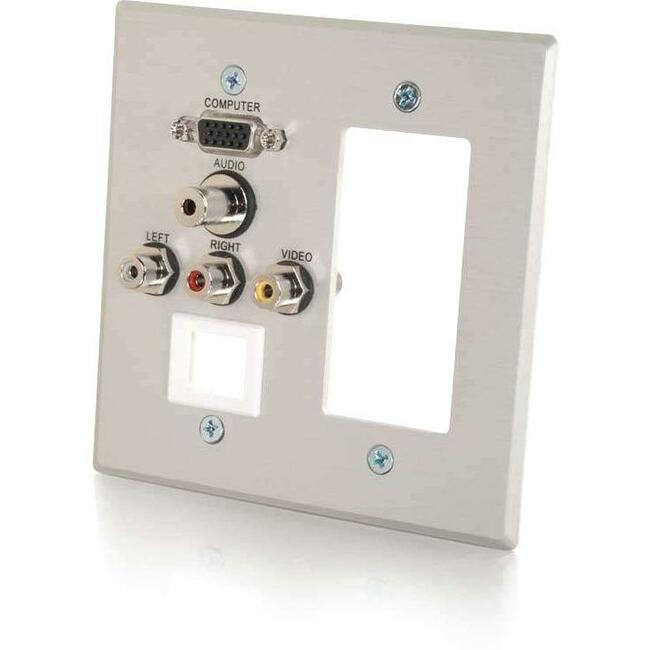 C2G VGA, 3.5mm Audio, Composite Video and RCA Stereo Audio Pass Through Double Gang Wall Plate with One Decorative Style Cutout and One Keystone - Brushed Aluminum - 41029