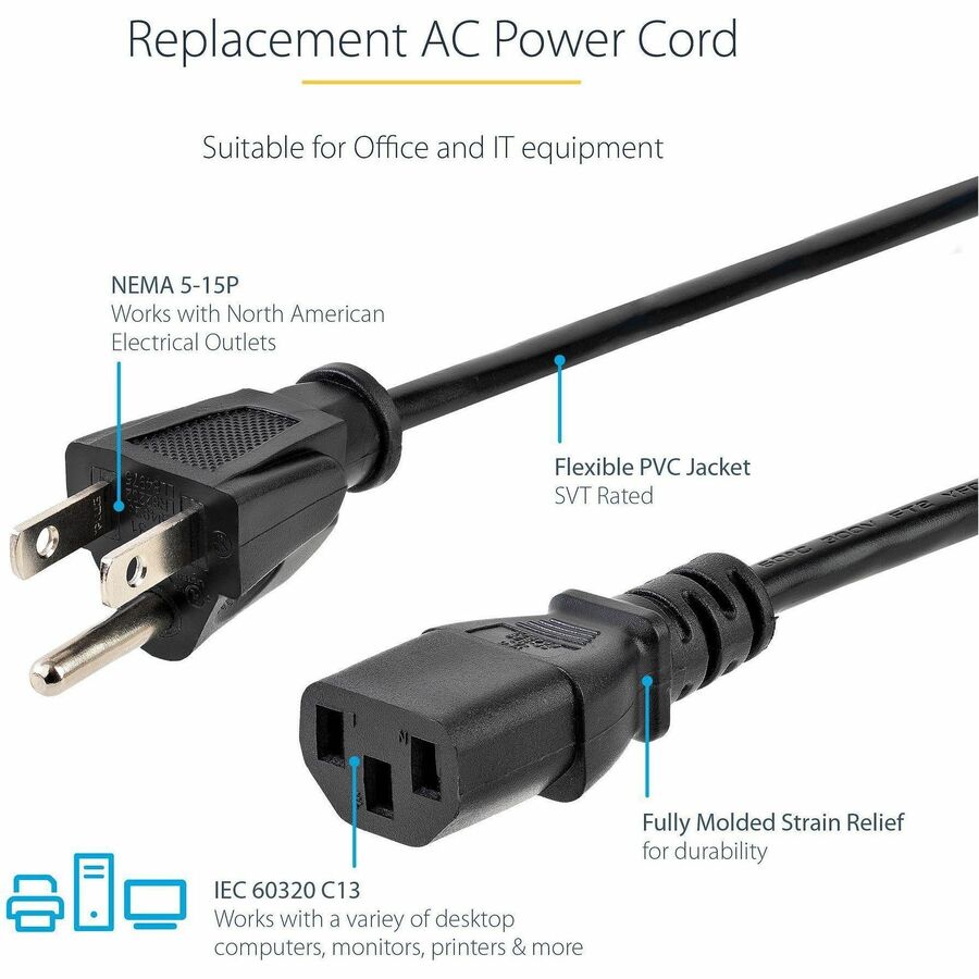 StarTech.com 6ft(1.8m) Heavy Duty Power Cord, NEMA 5-15P to C13, 15A 125V 14AWG, Replacement AC Computer Power Cord, PC Power Supply Cable - PXT101146