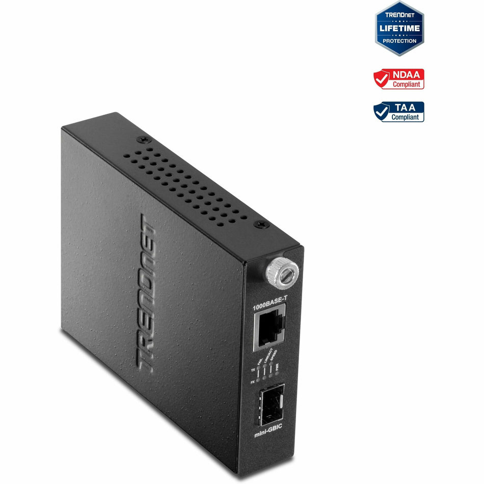 TRENDnet 100/1000Base-T To SFP Fiber Media Converter, Fiber To Ethernet Converter, 1 x 10/100/1000Base-T RJ-45 Port,1 x Mini-GBIC Slot, Lifetime Protection, Black, TFC-1000MGA - TFC-1000MGA