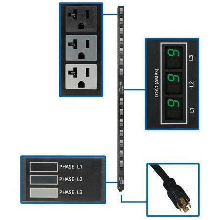 Eaton Tripp Lite Series 5.7kW 3-Phase Local Metered PDU, 120V Outlets (42 5-15/20R), 208V L21-20P input, 6 ft. (1.83 m) Cord, 0U Vertical, TAA - PDU3MV6L2120LV