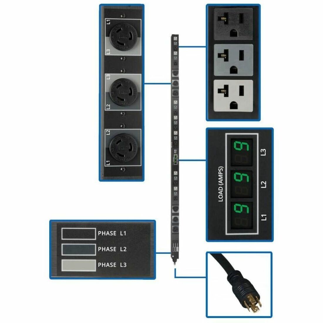Eaton Tripp Lite Series 5.7kW 3-Phase Local Metered PDU, 208/120V Outlets (21 5-15/20R, 6 L6-20R), L21-20P, 6 ft. (1.83 m) Cord, 0U Vertical, TAA - PDU3MV6L2120B