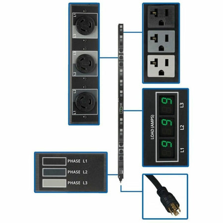 Eaton Tripp Lite Series 5.7kW 3-Phase Local Metered PDU, 208/120V Outlets (21 5-15/20R, 6 L6-20R), L21-20P, 6 ft. (1.83 m) Cord, 0U Vertical, TAA - PDU3MV6L2120B