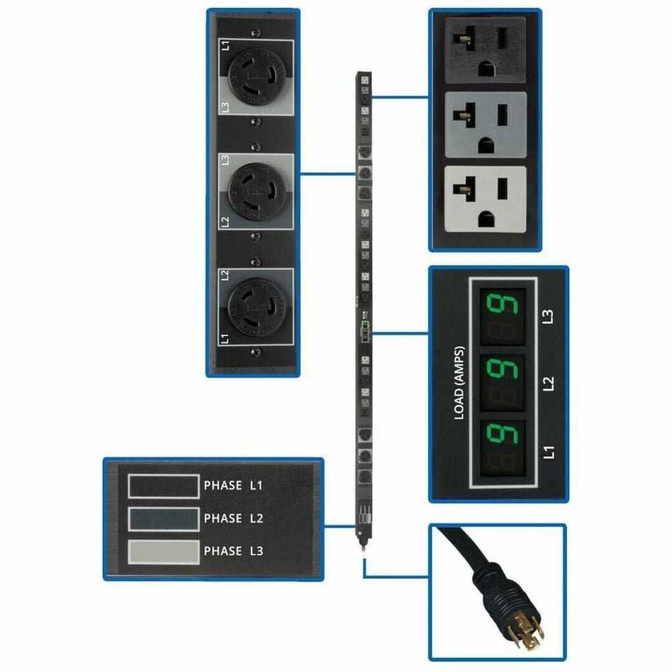 Eaton Tripp Lite Series 5.7kW 3-Phase Local Metered PDU, 208/120V Outlets (21 5-15/20R, 6 L6-20R), L21-20P, 6 ft. (1.83 m) Cord, 0U Vertical, TAA - PDU3MV6L2120B