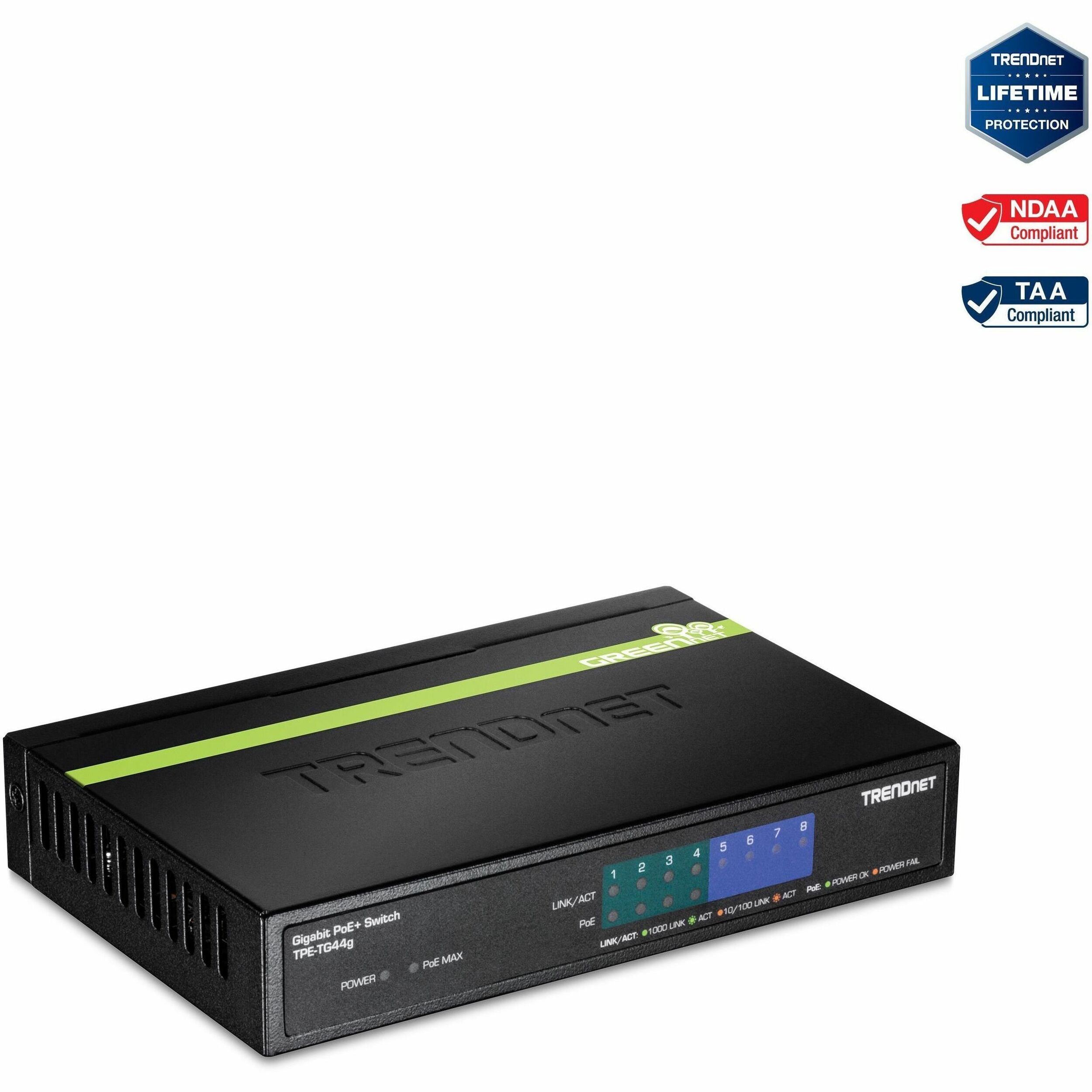 TRENDnet 8-Port Gigabit GREENnet PoE+ Switch, 4 x Gigabit PoE-PoE+ Ports, 4 x Gigabit Ports, 61W Power Budget, 16 Gbps Switch Capacity, Ethernet Unmanaged Switch, Lifetime Protection, Black, TPE-TG44G - TPE-TG44g