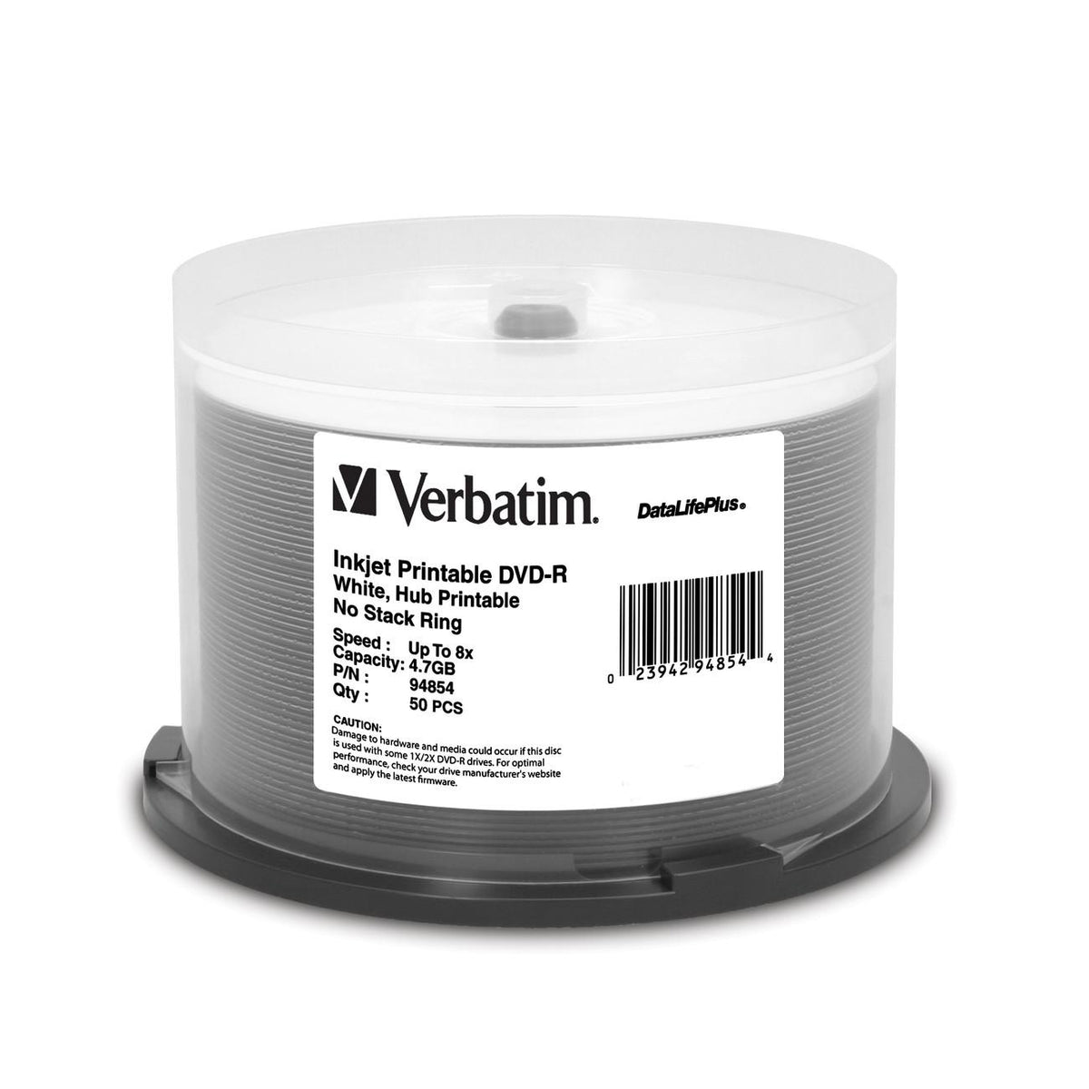 Verbatim DVD-R 4.7GB 8X DataLifePlus White Inkjet Printable, Hub Printable - 50pk Spindle - 94854